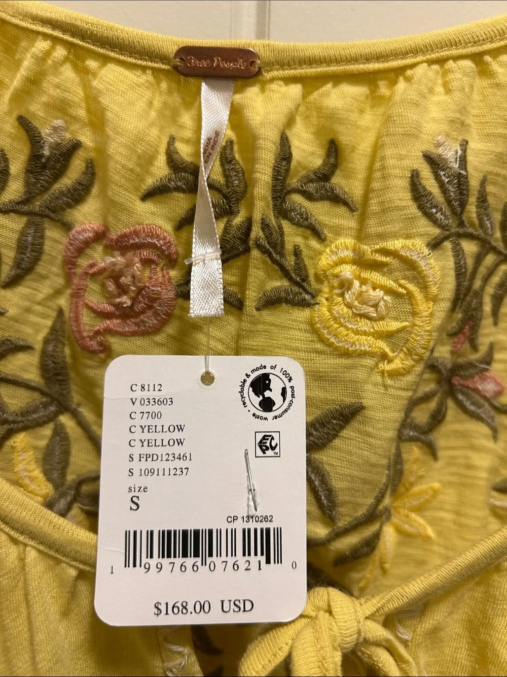 NWT Free People Yellow Plumeria  Embroidered Peasant Blouse - Picture 3 of 5